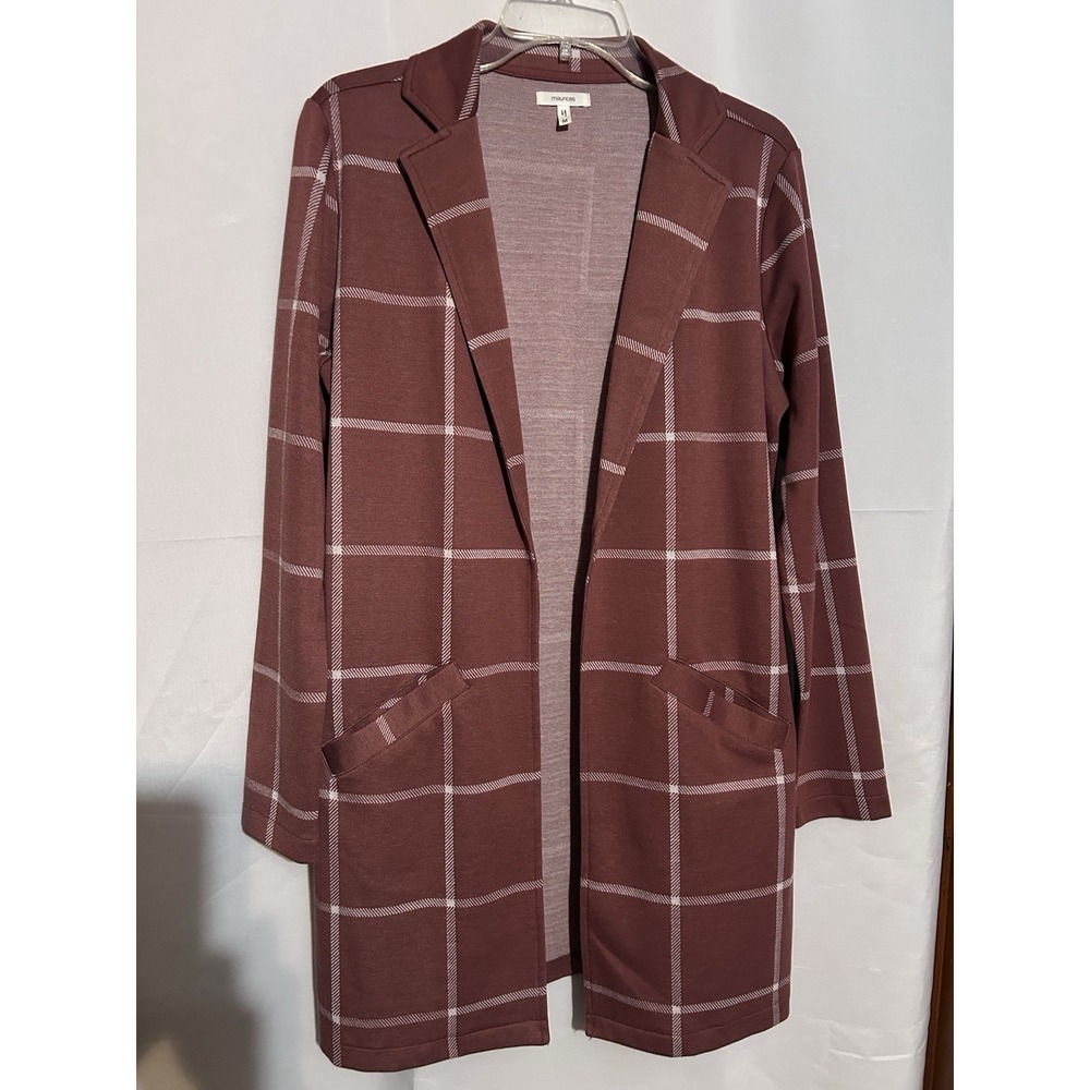 maurices Women's Brown Plaid Open Front Mid-Length Jacket w/ Pockets Size M
